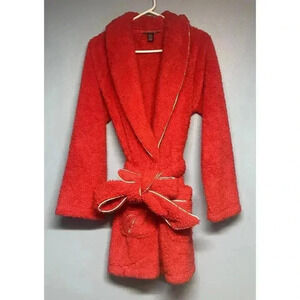 Victorias Secret Womens Fleece Short Robe Red Cozy Plush Lounge XS SMALL Logo